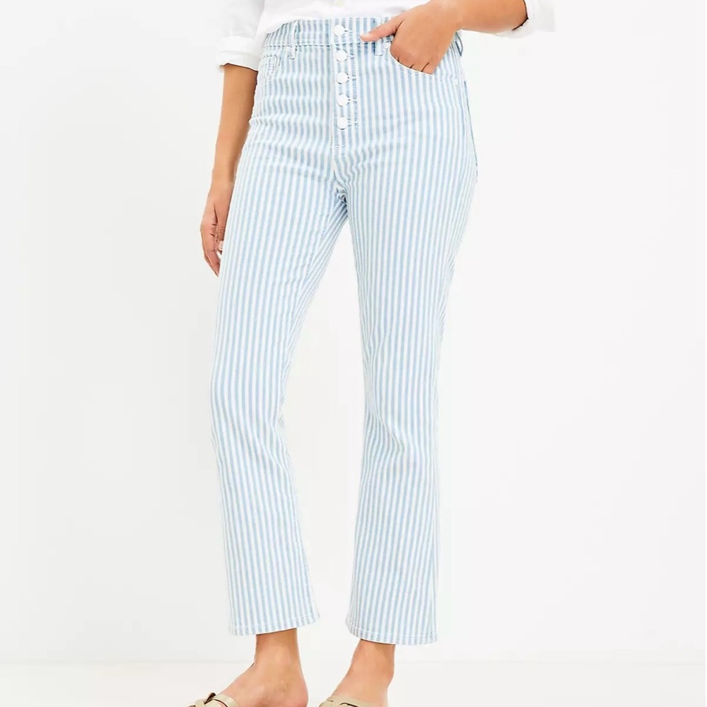 LOFT Button Front High Rise Kick Crop Jeans Blue Railroad Stripe 4 27 petite